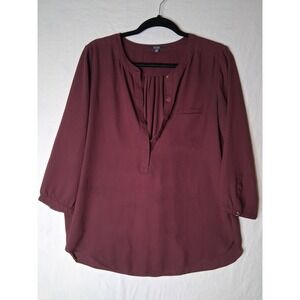 NYDJ Los Angeles Womens Medium Burgundy Blouse 3/4 Sleeve Pleated Henley